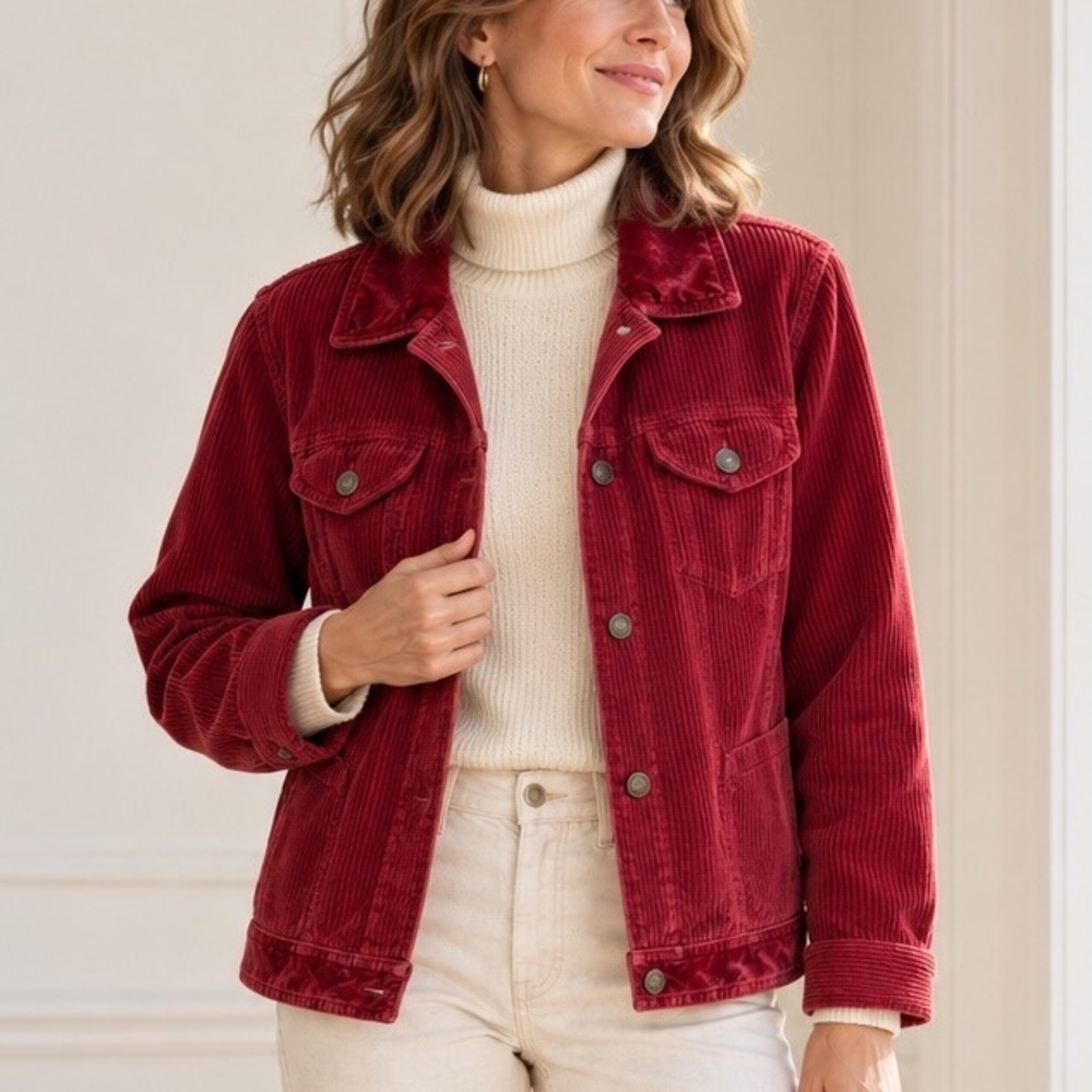J. Jill Corduroy Jacket Med Red Velvet Trim Button Trucker Cotton Barn Jacket